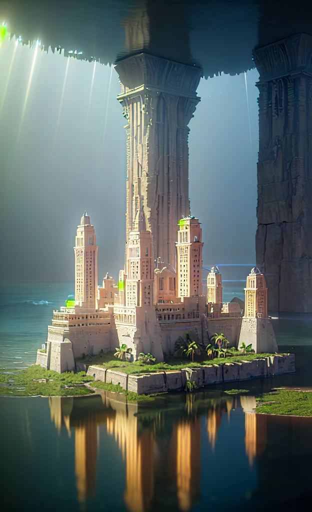(8K, RAW Photos, Highest quality, masterpiece:1.2), (Realistic, photo-Realistic:1.37), Octane Rendering, Ultra-high resolution, Super detailed, Professional Lighting, Photon Mapping, Radio City, Physically Based Rendering, UE5, ((Island Sanctuary)), ((Ancient lost kingdom)), ((Reflection on the surface of the water)), ((Ray Tracing)), ((Submerged City))