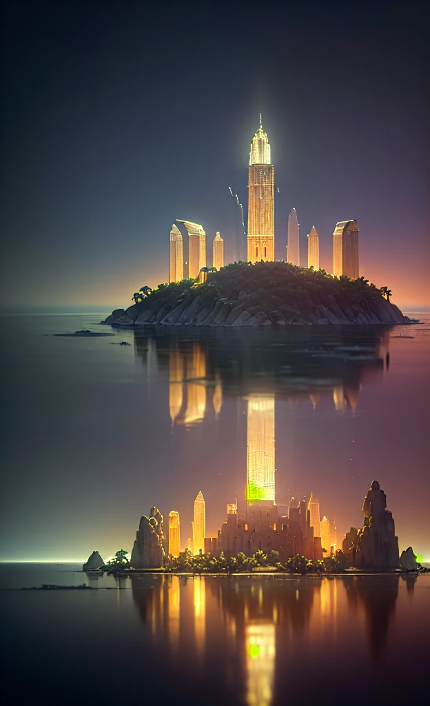 (8K, RAW Photos, Highest quality, masterpiece:1.2), (Realistic, photo-Realistic:1.37), Octane Rendering, Ultra-high resolution, Super detailed, Professional Lighting, Photon Mapping, Radio City, Physically Based Rendering, UE5, ((Island Sanctuary)), ((Ancient lost kingdom)), ((Reflection on the surface of the water)), ((Ray Tracing)), ((Submerged City))