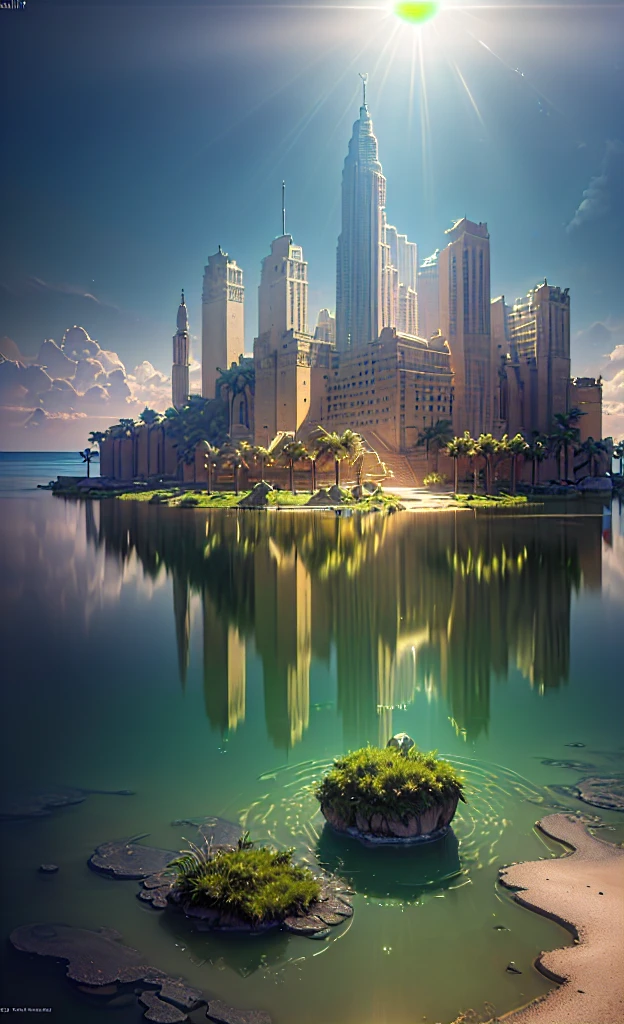 (8K, RAW Photos, Highest quality, masterpiece:1.2), (Realistic, photo-Realistic:1.37), Octane Rendering, Ultra-high resolution, Super detailed, Professional Lighting, Photon Mapping, Radio City, Physically Based Rendering, UE5, ((Island Sanctuary)), ((Ancient lost kingdom)), ((Reflection on the surface of the water)), ((Ray Tracing)), ((Submerged City))