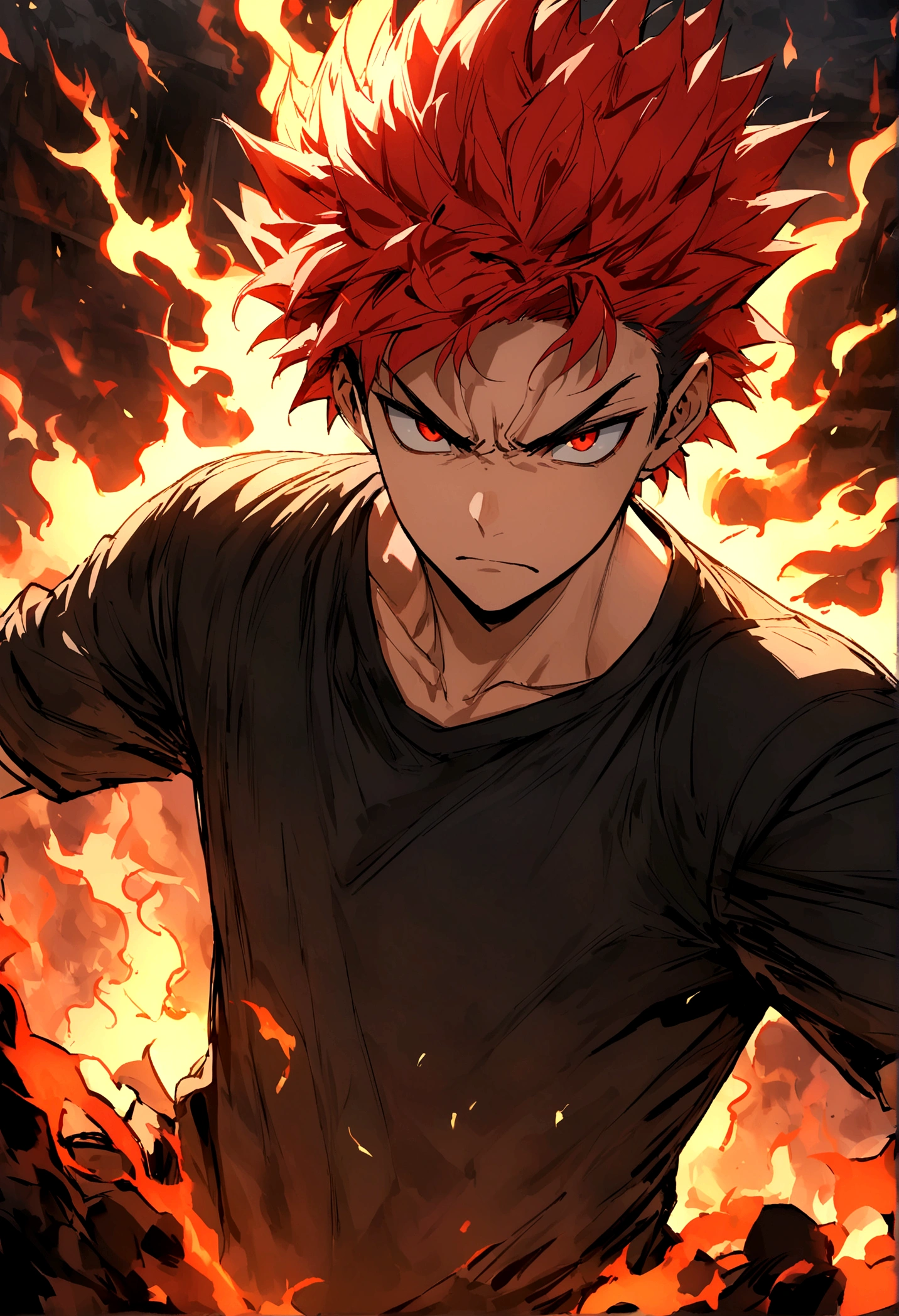 Teenage boy, hair spiked up, medium length hair, multicolored fiery red hair, serious face, Eyes red, loose black shirt, fire aura around the character, scene in an open-air fighting arena, lot of details