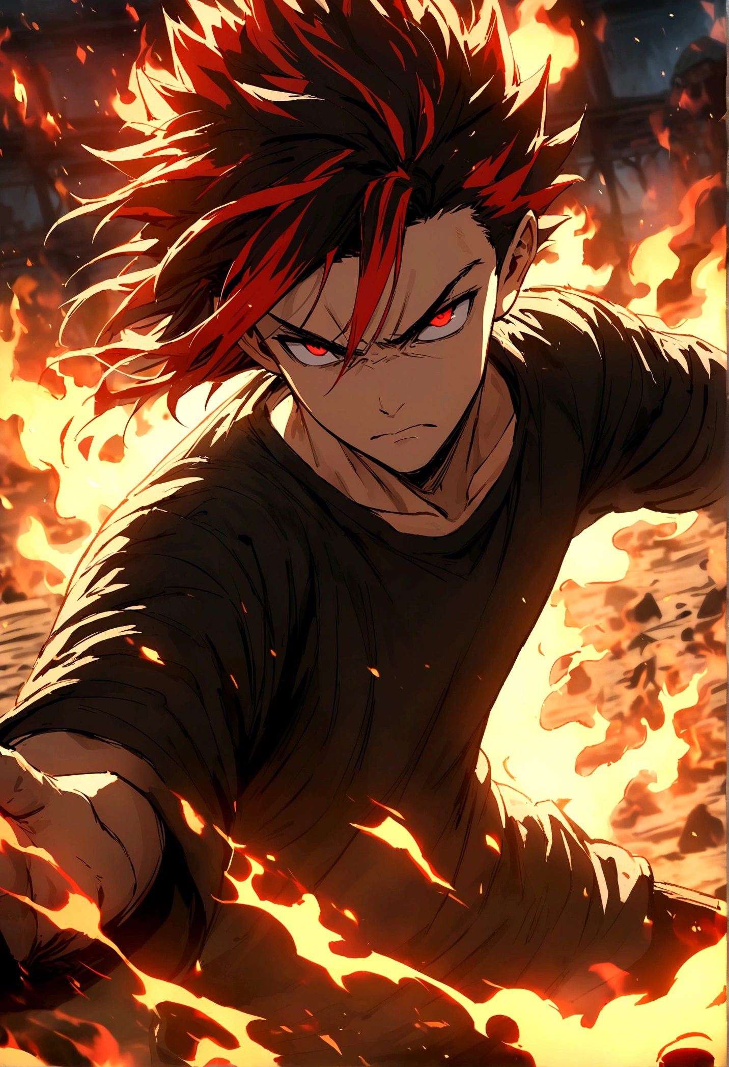 Teenage boy, hair spiked up, medium length hair, multicolored fiery red hair, serious face, Eyes red, loose black shirt, fire aura around the character, scene in an open-air fighting arena, lot of details