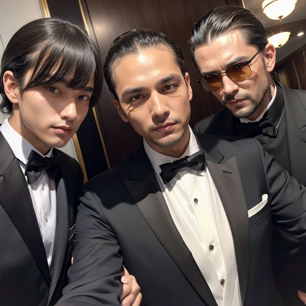 A man with his bangs down and a man with his hair slicked back are taking a selfie, suit, Luxury