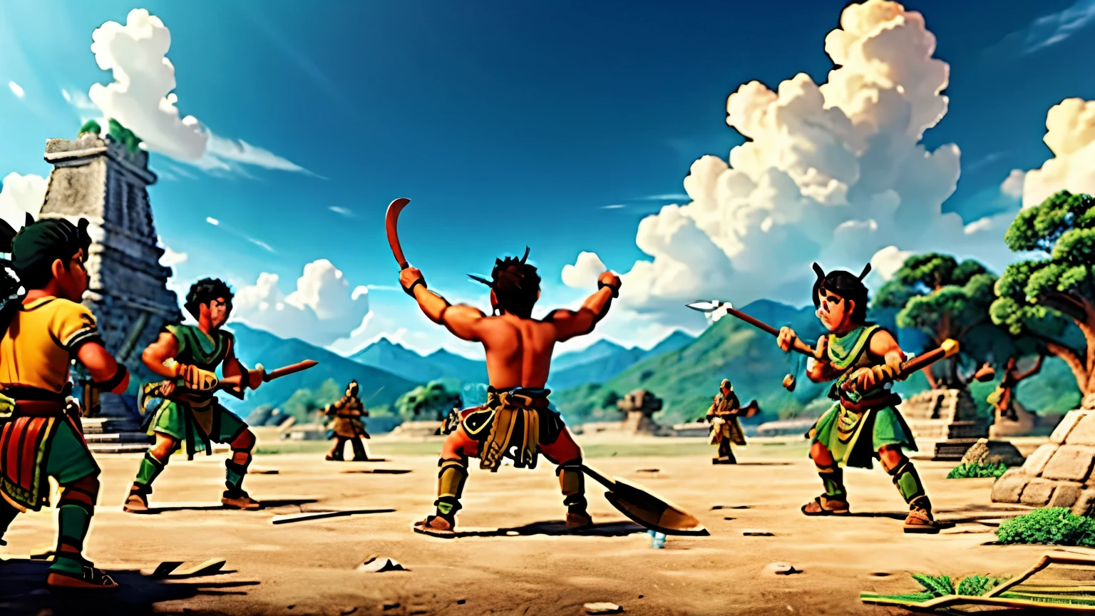 manga, toons, anime: battle between the AZTEC ARMY AND THE MAYAN ARMY, FIERCE BATTLE, HD, rain of atlatl crystal spears, bow and arrow, slings and blowguns, and for hand-to-hand combat they used spears, mallets and, probably , knives, lots of action and color