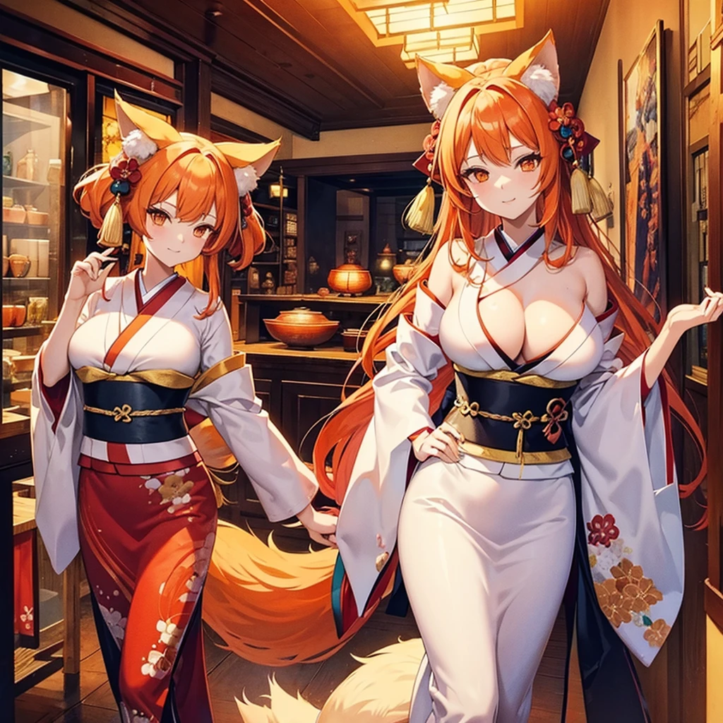 1 kitsune woman. Tall. Busty. wearing a kimono. 9 big fluffy tails. Long Orange hair. Cute and soft Smile. inside an antique shop.