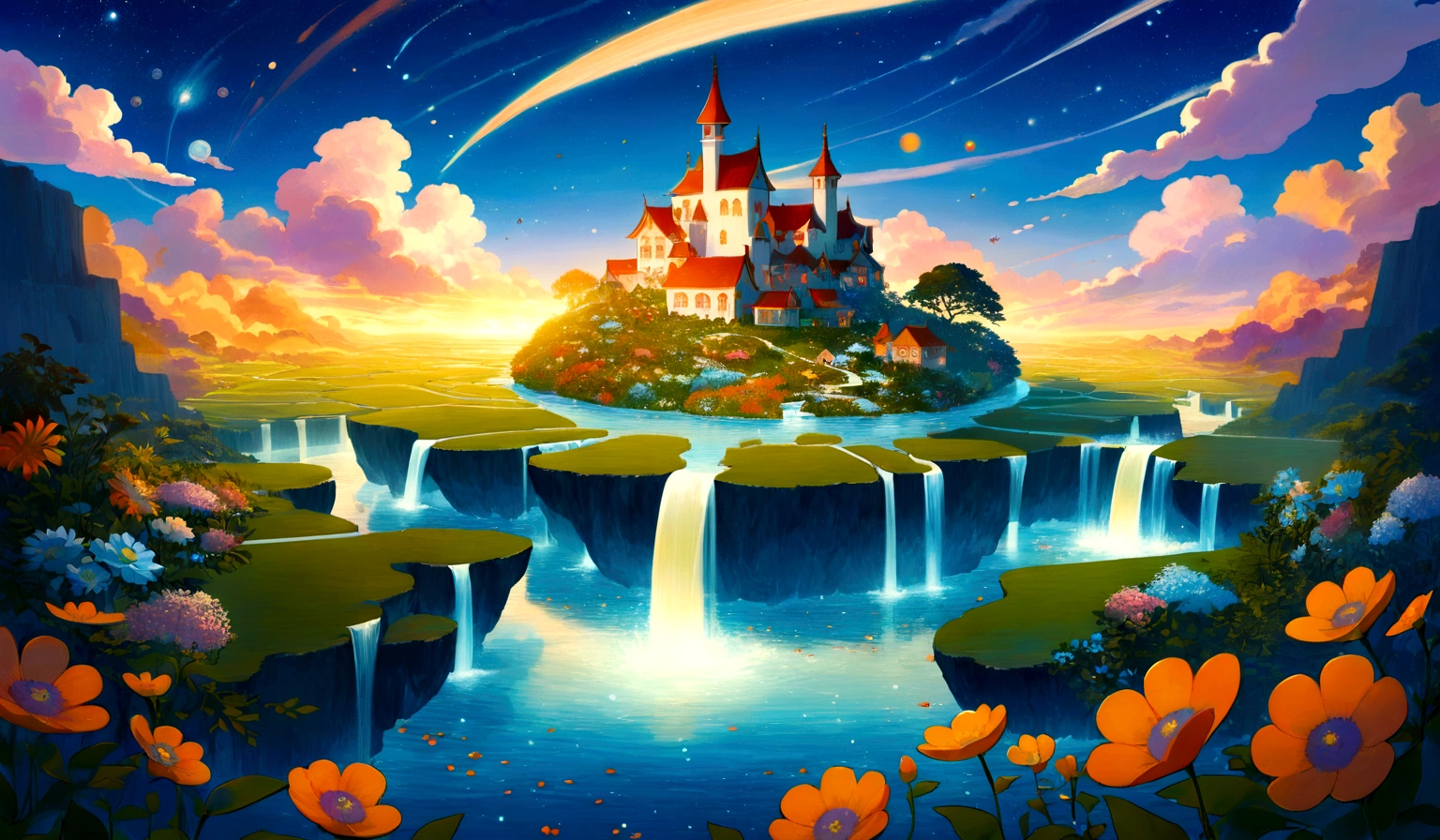 fantasy scenery, whimsical floating islands in the sky, with lush gardens, and fantastical architecture that defies gravity, vibrant flowers and miniature houses, creating a harmonious and dreamlike setting. The sky is filled with fluffy dramatic clouds and a mesmerizing galaxies that adds a magical touch to the scene. waterfalls pouring off the islands. Surrealism and whimsical fantasy,
Rendered in a detailed and vivid color style with soft ambient lighting. kawaii, pastel colors, orange tones, night time, sharp lines, clear, best quality, 