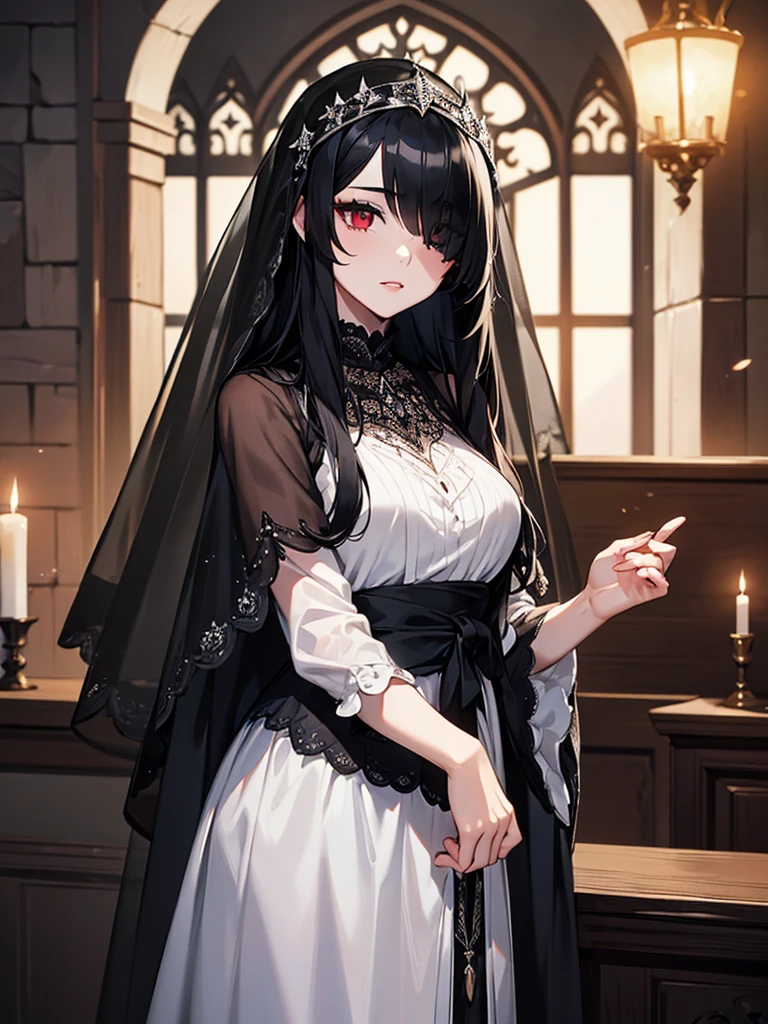 (Super detailed:1.3), ((((best quality)))), ((masterpiece)), female focus, solo,hotify, stunning beauty, powerful glow, detailed face, detailed eyes, detailed lips,castle interior background,(nighttime),moonlight,((black hair)),long hair, black mourning dress,((mourning veil)),red eyes, (pale skin:1.2),melancholic expression,straight bangs,bangs covering forehead,almond-shaped eyes,very cute face,cowboy shot, (hair over one eye)