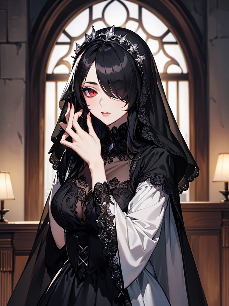 (Super detailed:1.3), ((((best quality)))), ((masterpiece)), female focus, solo,hotify, stunning beauty, powerful glow, detailed face, detailed eyes, detailed lips,castle interior background,(nighttime),moonlight,((black hair)),long hair, black mourning dress,((mourning veil)),red eyes, (pale skin:1.2),melancholic expression,straight bangs,bangs covering forehead,almond-shaped eyes,very cute face,cowboy shot, (hair over one eye)