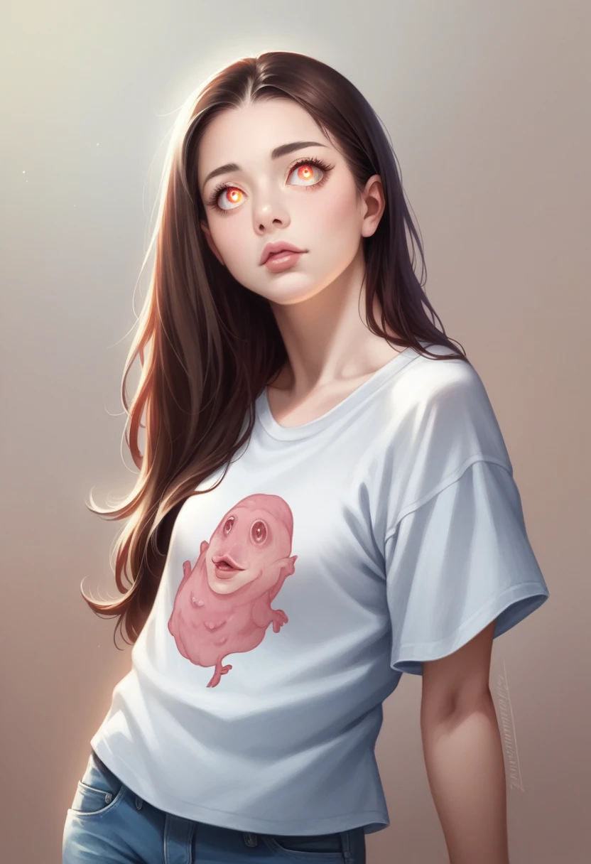 a young girl in a japanese anime style, wearing an oversized t-shirt and loose jeans, looking up with a cute and innocent expression, detailed realistic portrait, highly detailed face, hyper realistic, cinematic lighting, vibrant colors, beautiful detailed eyes, beautiful detailed lips, extremely detailed eyes and face, long eyelashes, photorealistic, 8k, high quality, masterpiece, concept art, digital painting