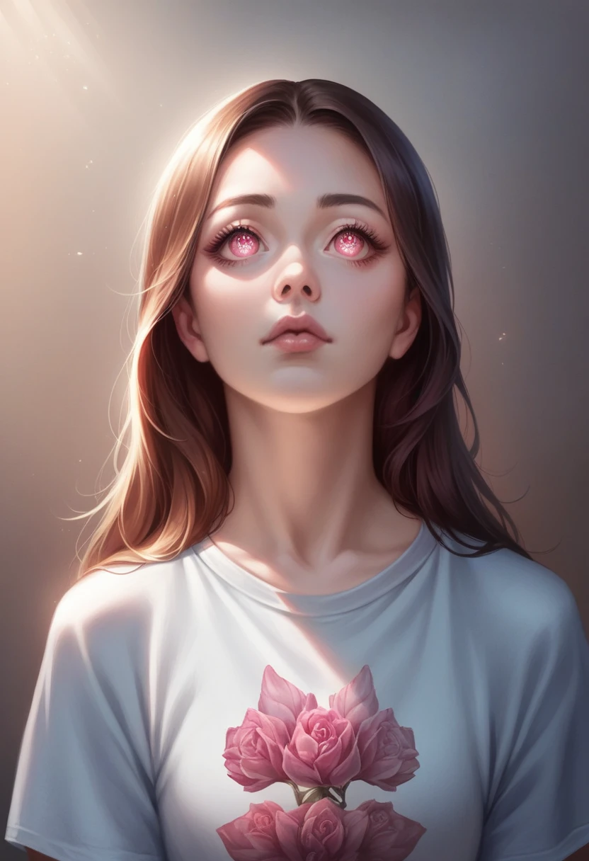 a young girl in a japanese anime style, wearing an oversized t-shirt and loose jeans, looking up with a cute and innocent expression, detailed realistic portrait, highly detailed face, hyper realistic, cinematic lighting, vibrant colors, beautiful detailed eyes, beautiful detailed lips, extremely detailed eyes and face, long eyelashes, photorealistic, 8k, high quality, masterpiece, concept art, digital painting