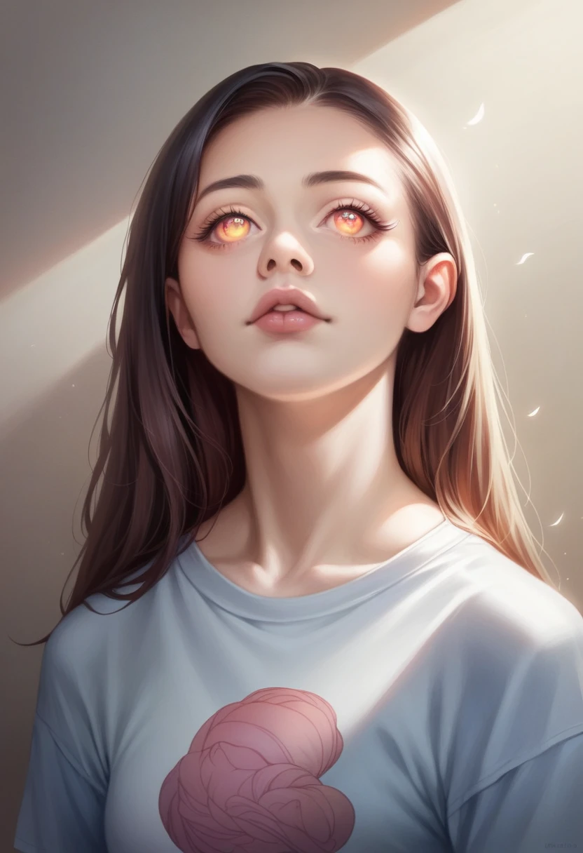 a young girl in a japanese anime style, wearing an oversized t-shirt and loose jeans, looking up with a cute and innocent expression, detailed realistic portrait, highly detailed face, hyper realistic, cinematic lighting, vibrant colors, beautiful detailed eyes, beautiful detailed lips, extremely detailed eyes and face, long eyelashes, photorealistic, 8k, high quality, masterpiece, concept art, digital painting