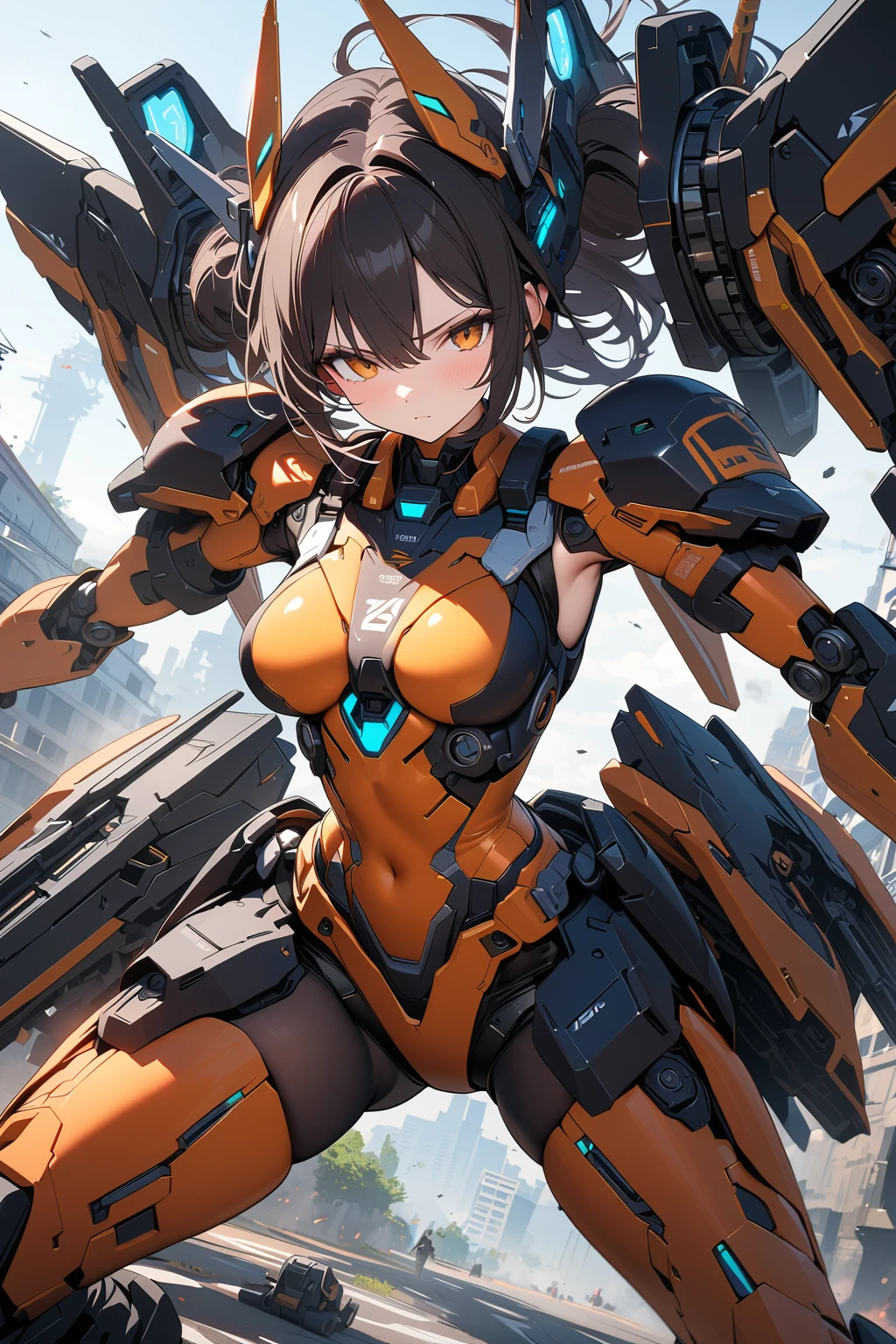 (masterpiece, best quality:1.5), (ultra detailed, high resolution, 8k, beautiful detailed, UHD, best anatomy), black hair, medium breasts, mecha musume, Body made of machines, fighting formation, expressionless, An ominous place