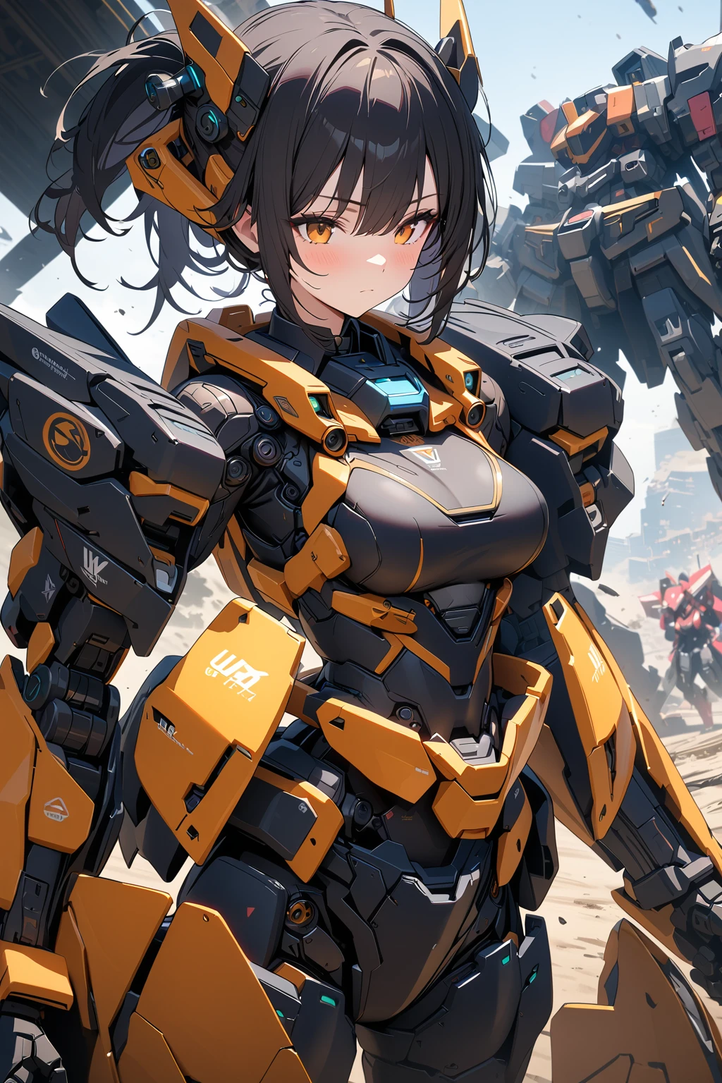 (masterpiece, best quality:1.5), (ultra detailed, high resolution, 8k, beautiful detailed, UHD, best anatomy), black hair, medium breasts, mecha musume, Body made of machines, fighting formation, expressionless, An ominous place