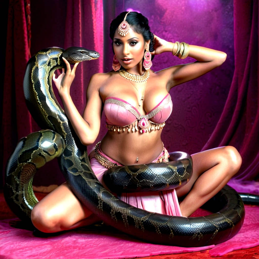 Topless pink thong wearing   Happy Horny, aroused 1girl), beautiful kneeling Indian  belly dancer  with  giant colossal black anaconda squeezing her hard, wrapped in thick spiraling coils, constricted, struggle, gasping for air, snake attack, snake peril, moonless night, dim light