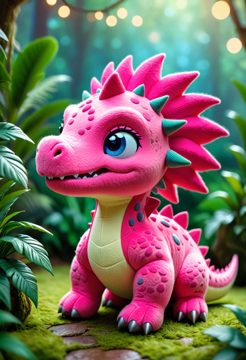 A cute, soft, pink felt dinosaur, detailed texture, (best quality,4k,8k,highres,masterpiece:1.2),ultra-detailed,(realistic,photorealistic,photo-realistic:1.37),HDR,UHD,studio lighting,ultra-fine painting,sharp focus,physically-based rendering,extreme detail description,professional,vivid colors,bokeh,cute,adorable,pink,plush,kawaii,fuzzy,fluffy,velvet,textured,furry,gentle,tender,tender expression,innocent,whimsical,dreamlike,fantasy,stegosaurus