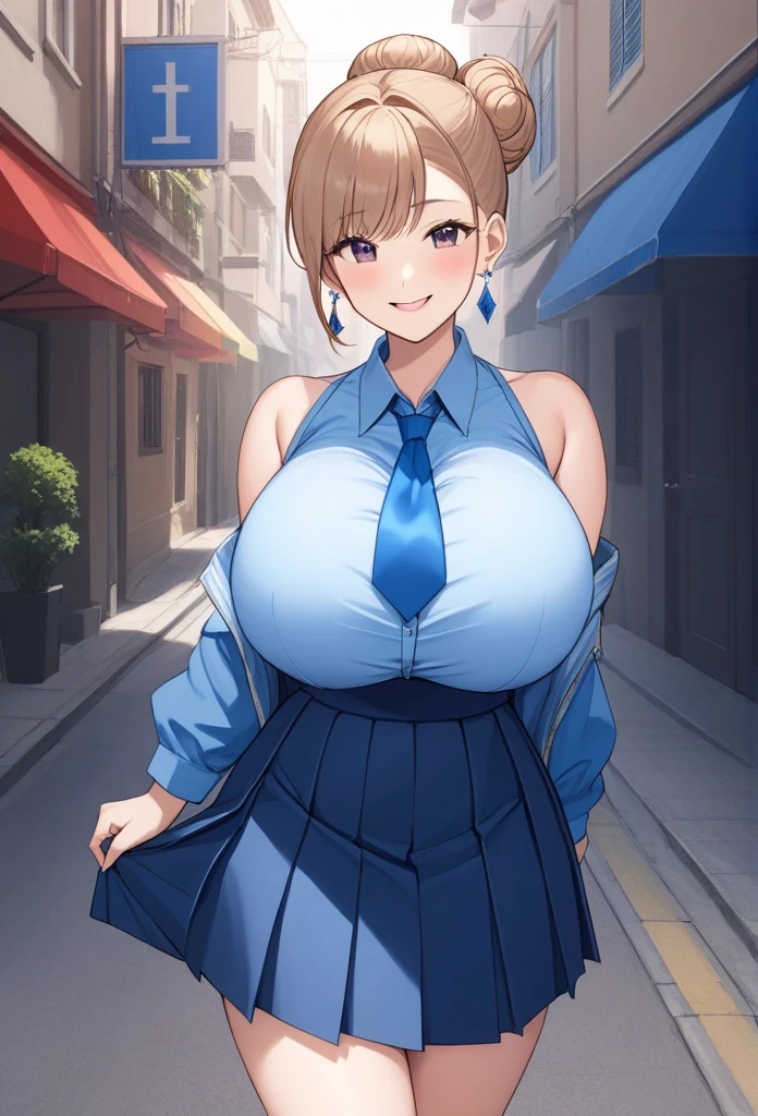 masterpiece,1 girl,solo,(uzakihana:1.1),(smirk:1.3),fangs,(blue skirt,white long sleeve,clothes writing:1.2),(open mouth:1.2),street,city,(gigantic breasts:1.2)