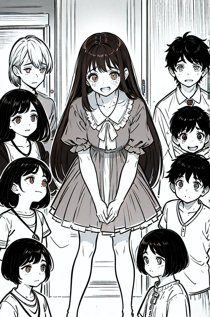 A 7 year old girl, Brunetette, with short brown hair and big eyes, shrinks as some boys surround her, laughing and teasing. She tries to hold back the tears, visibly scared.