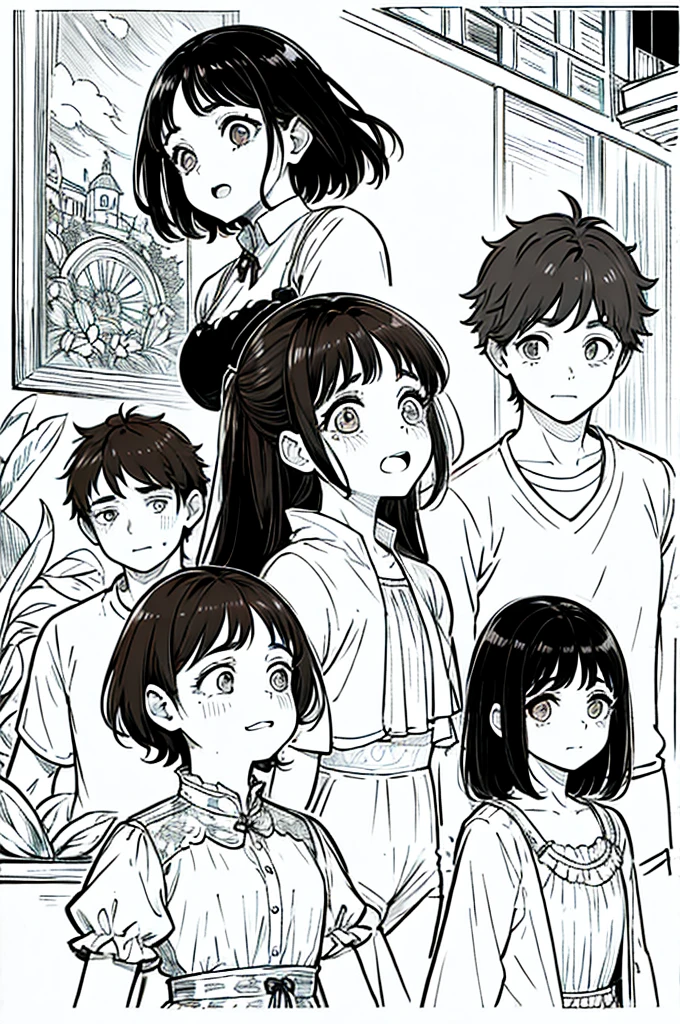 A 7 year old girl, Brunetette, with short brown hair and big eyes, shrinks as some boys surround her, laughing and teasing. She tries to hold back the tears, visibly scared.