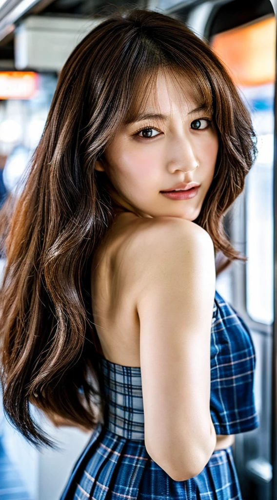 masterpiece, best quality, high quality, detailed, ultra detailed, hyper detailed, insanely detailed, exquisite, beautiful, 4K, 8K, absurdres, highres, a girl, shy, embarrassed, hands on head, looking at viewer, long hair, straight hair, shiny hair, brown hair, tareme, droopy eyes, shiny skin, detailed skin, detailed face, glamorous, beautiful breasts, beautiful ass, (idol, school uniform:1.3), cute face, delicate facial features, japanese idol, curvy, 20-year-old, japanese, in the subway, photorealistic, ultra realistic photo, realistic portrait, raw photo, real person, nsfw, cowboy shot, dynamic angle, sharpen, best light, depth of field