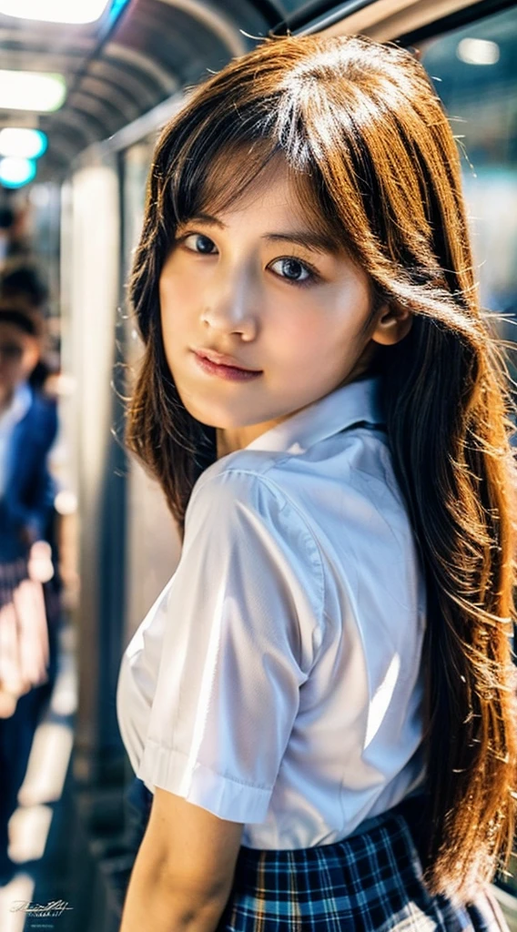 masterpiece, best quality, high quality, detailed, ultra detailed, hyper detailed, insanely detailed, exquisite, beautiful, 4K, 8K, absurdres, highres, a girl, shy, embarrassed, hands on head, looking at viewer, long hair, straight hair, shiny hair, brown hair, tareme, droopy eyes, shiny skin, detailed skin, detailed face, glamorous, beautiful breasts, beautiful ass, (idol, school uniform:1.3), cute face, delicate facial features, japanese idol, curvy, 20-year-old, japanese, in the subway, photorealistic, ultra realistic photo, realistic portrait, raw photo, real person, nsfw, cowboy shot, dynamic angle, sharpen, best light, depth of field