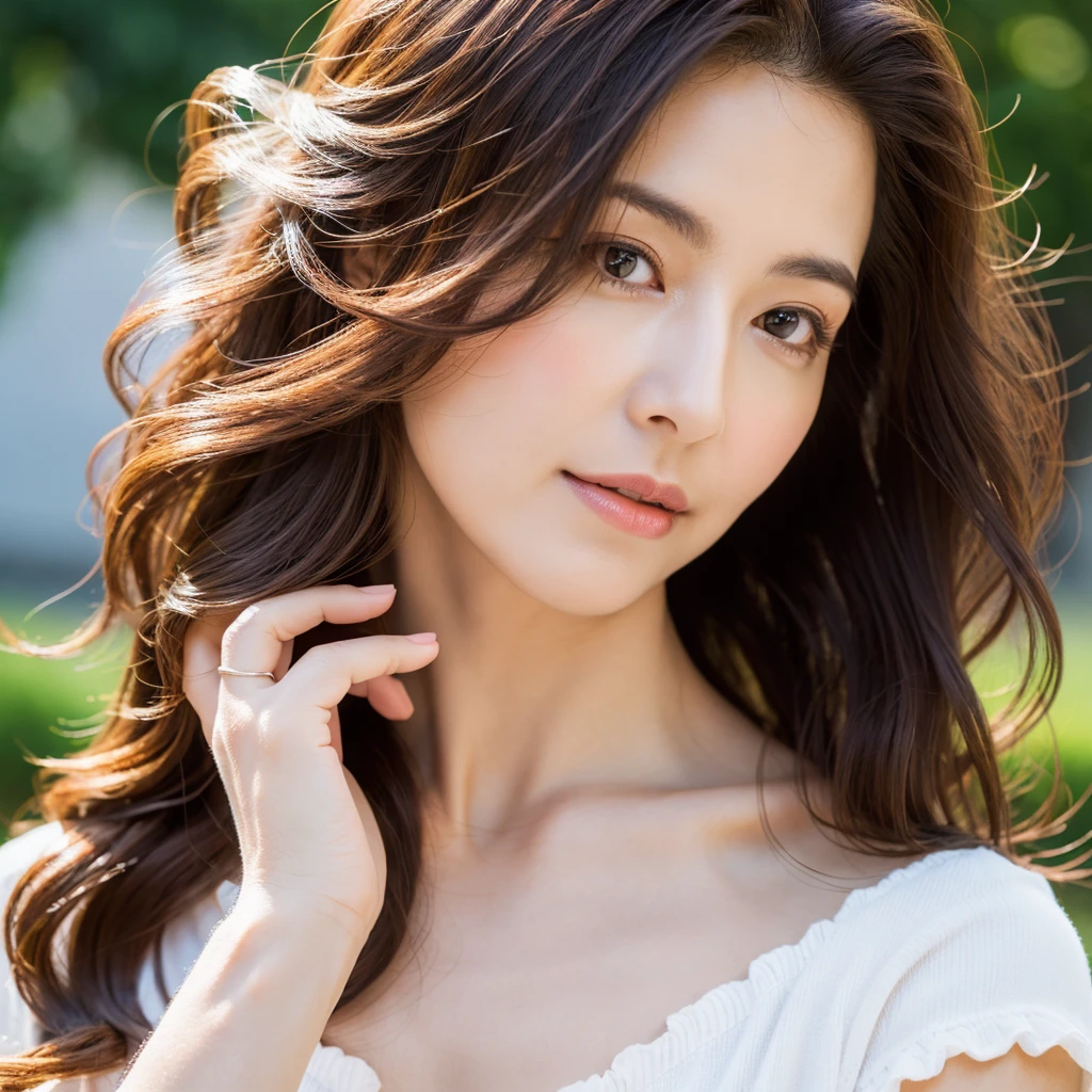 Beautiful mature woman with wavy long hair, she is alluring, Ultra-high resolution,(Realistic:1.4), ((Highest quality)), ((masterpiece)), (be familiar with),
