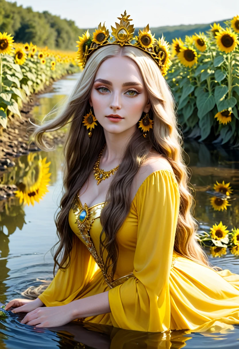 White-skinned Oshun saint, beautiful long hair and a gold crown with a yellow dress in a beautiful river with sunflowers and a gold mirror in her hand relaxing