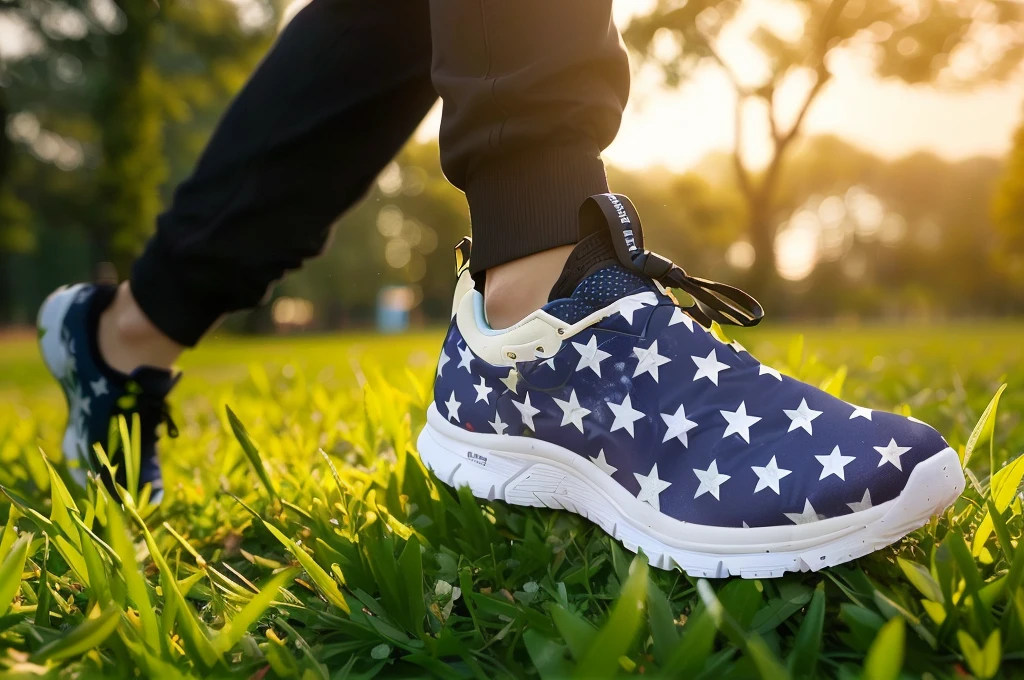 有人穿着一双鞋在Walk on the grass, Star and stripes, rugged | Star, running shoes, sports shoes, patriotic, 🤬 🤮 💕 🎀, Powerful details, Walk on the grass, Middle close-up, exclusive, Close-up establishing shot, wearing military shoes, 只关注sports shoes, Medium shot, background is heavenly, fashionable, with Star