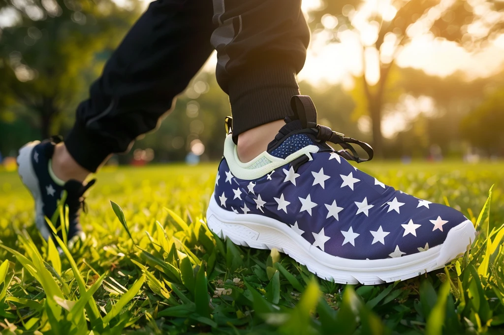 有人穿着一双鞋在Walk on the grass, Star and stripes, rugged | Star, running shoes, sports shoes, patriotic, 🤬 🤮 💕 🎀, Powerful details, Walk on the grass, Middle close-up, exclusive, Close-up establishing shot, wearing military shoes, 只关注sports shoes, Medium shot, background is heavenly, fashionable, with Star