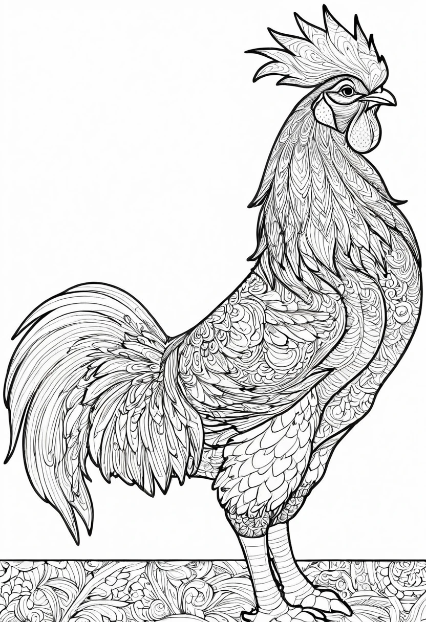 a coloring page with a rooster, black and white coloring, Coloring book outline, Detailed line art, clean coloring book page, stylized lines, art outline, detailed drawing in 4k, line art coloring page, detailed art, hyper Detailed line art, detailed digital drawing, Coloring Pages, coloring pages, extremely fine ink line