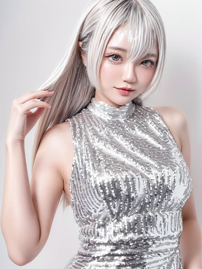 (((amount、white 、Asian woman、beautiful girl、、Silver Hair、white Background、)))、Tabletop, Highest quality, shape, Very detailed, finely, High resolution, 8k wallpaper, Perfect dynamic composition, finelyて美しい目, Deco Out, ((Medium Hair 1.5)),((( Small Breasts 1.5,Slender body type 1.5)))、 Natural color lip,white Background, Random cute poses,、(((Silver sequin dress 1.5)))、whiteのハイレグ1.4