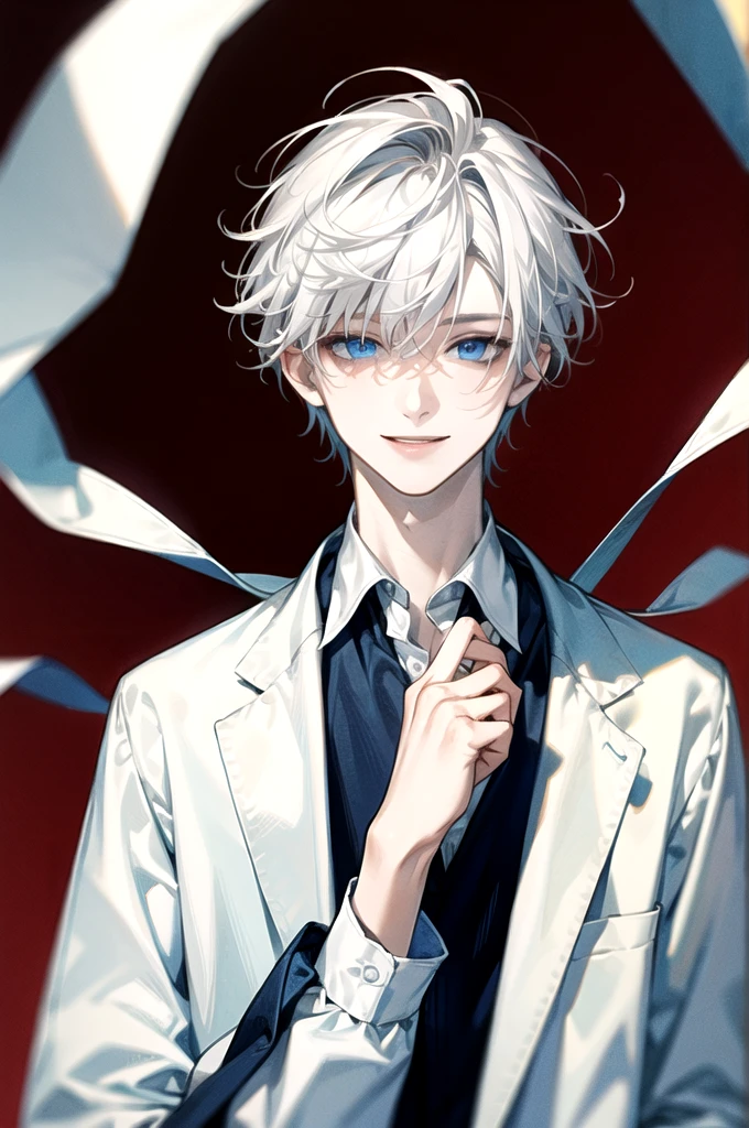 ((Masterpiece)), Best Quality, Ultra Detailed, Floating, High Resolution, (1 boy), short hair, white hair, blue eyes, smile facial, white shirt,