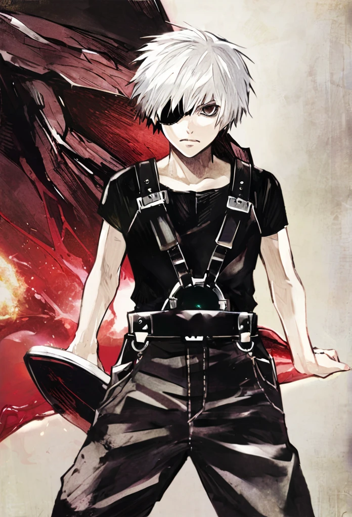 ```
ken kaneki, Tokyo Ghoul, white hair, black outfit, eyepatch, half-ghoul, serious expression, red kakugan eye, kagune tentacles, detailed face, high quality、Overall view、Uplifting、Cold-like sensation、Acrobatic

```