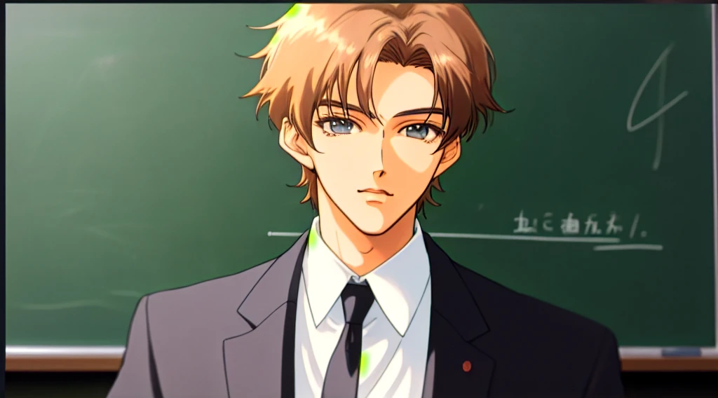 high quality、masterpiece、Teacher standing in front of the podium、Chalkboard at the back、male、Black suit、Anime Style、Close-up of face、Handsome、Anime Style、front