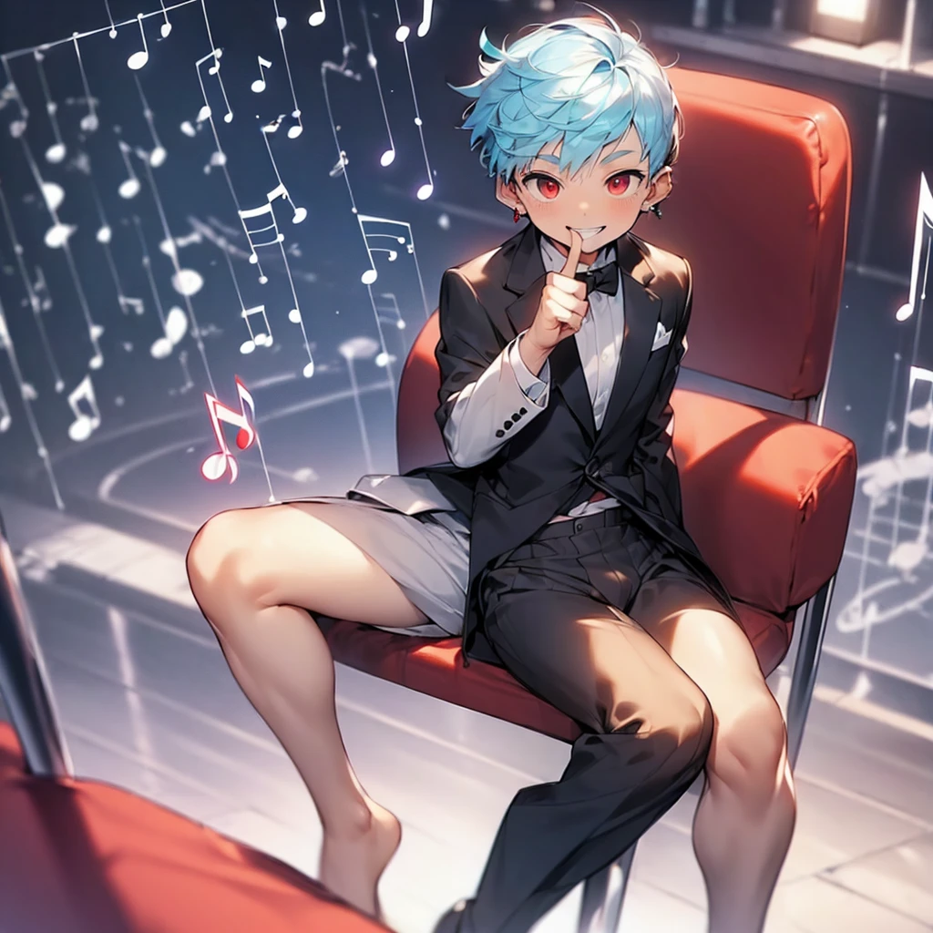 (solo:2.5), (boldline:-1.7), (put index finger on mouth:1.5), (floating musical notes:1.7), (sitting on red chair:1.5), (((fang))), (((best finger))), BREAK (best quality:1.5), (absolutely resolution:1.5), (ultra detailed:1.5), (masterpiece:1.5), (perfect face), (detailed face), (detailed eyes:1.3), (best eyes), (cute face), (shota:2), BREAK (tuxedo:1.5), (bulge:1.6), (skinny:1.3), BREAK (light blue hair:1.5), (spiked hair), (wine red eyes:1.4), (eyes with highlight:1.6), ((mole under eye)), (sweaty skin), (grin:1.5), ((earrings)), (shiny skin:1.3), BREAK (concert hall:1.5), (spot light:1.3), (at concert), (many people), ((wind blowing)), frow below,