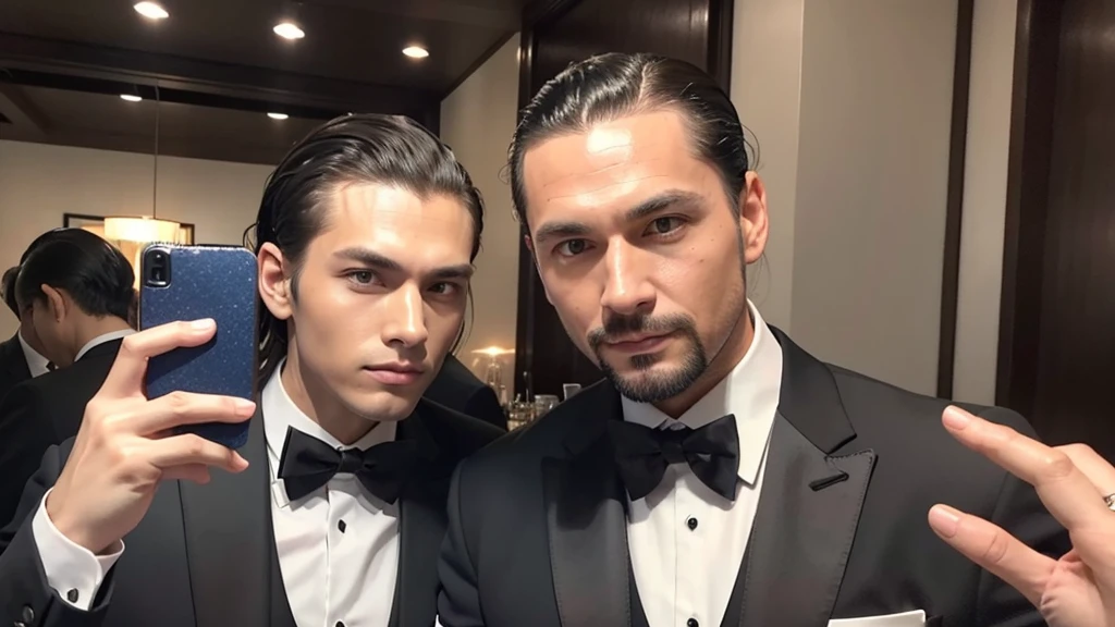 A man with his bangs down and a man with his hair slicked back are taking a selfie, suit, Luxury, Japanese