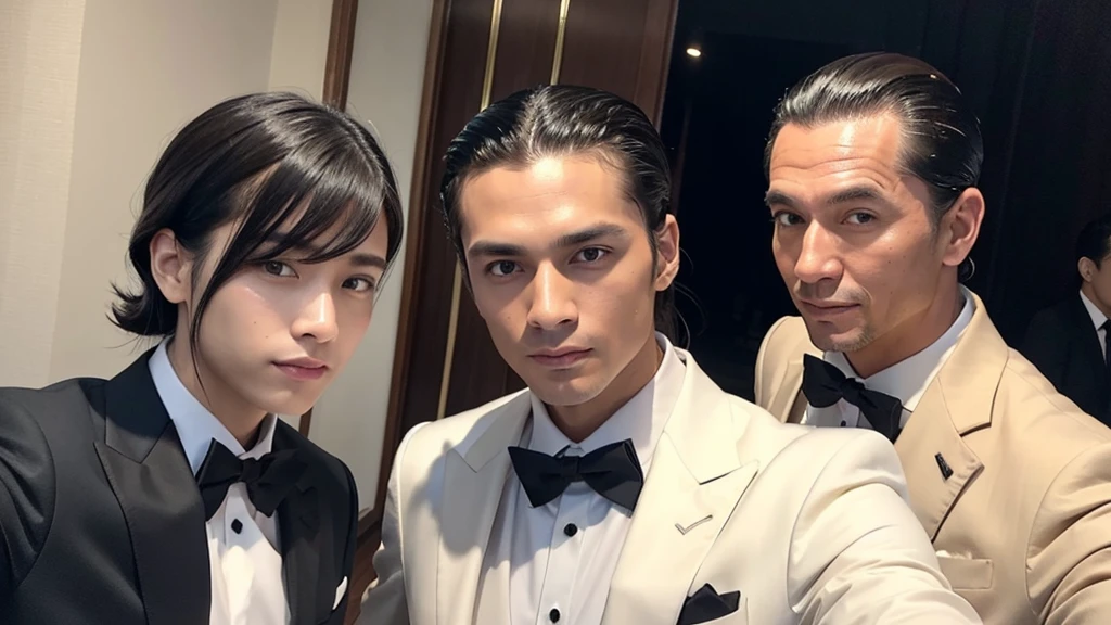 A man with his bangs down and a man with his hair slicked back are taking a selfie, suit, Luxury, Japanese