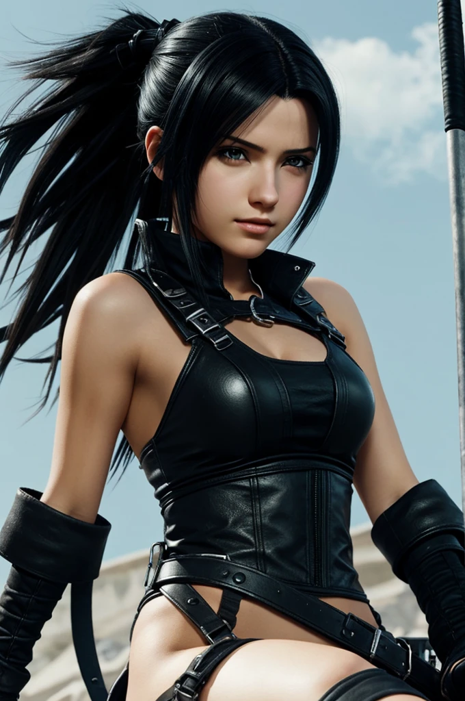 a girl wirh blaci hair and dominant feautures in the style of final fantasy 7