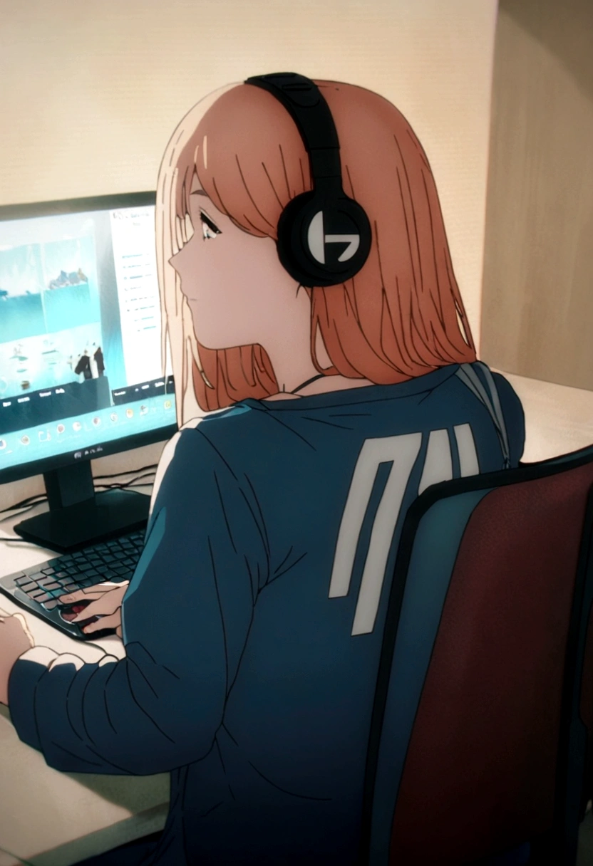 1 anime girl, wearing a blue shirt with the name harl big on the back, sitting on a chair, Wearing Headphones, playing on pc, focused on the game, with blue and red particles around.