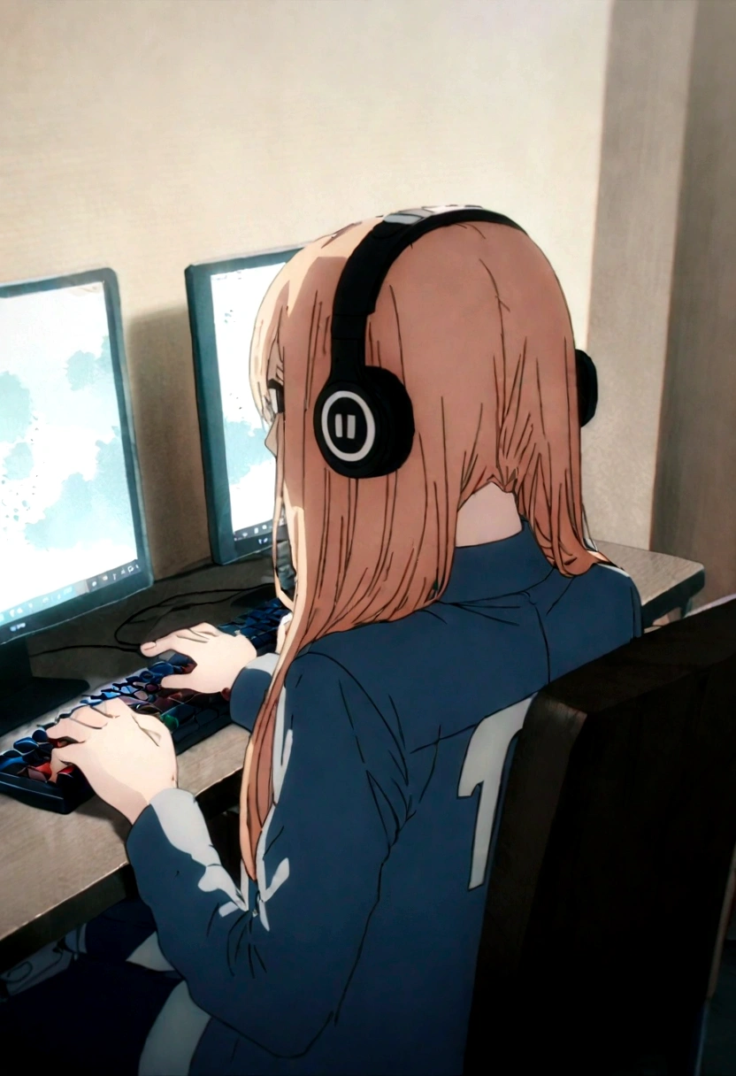 1 anime girl, wearing a blue shirt with the name harl big on the back, sitting on a chair, Wearing Headphones, playing on pc, focused on the game, with blue and red particles around.