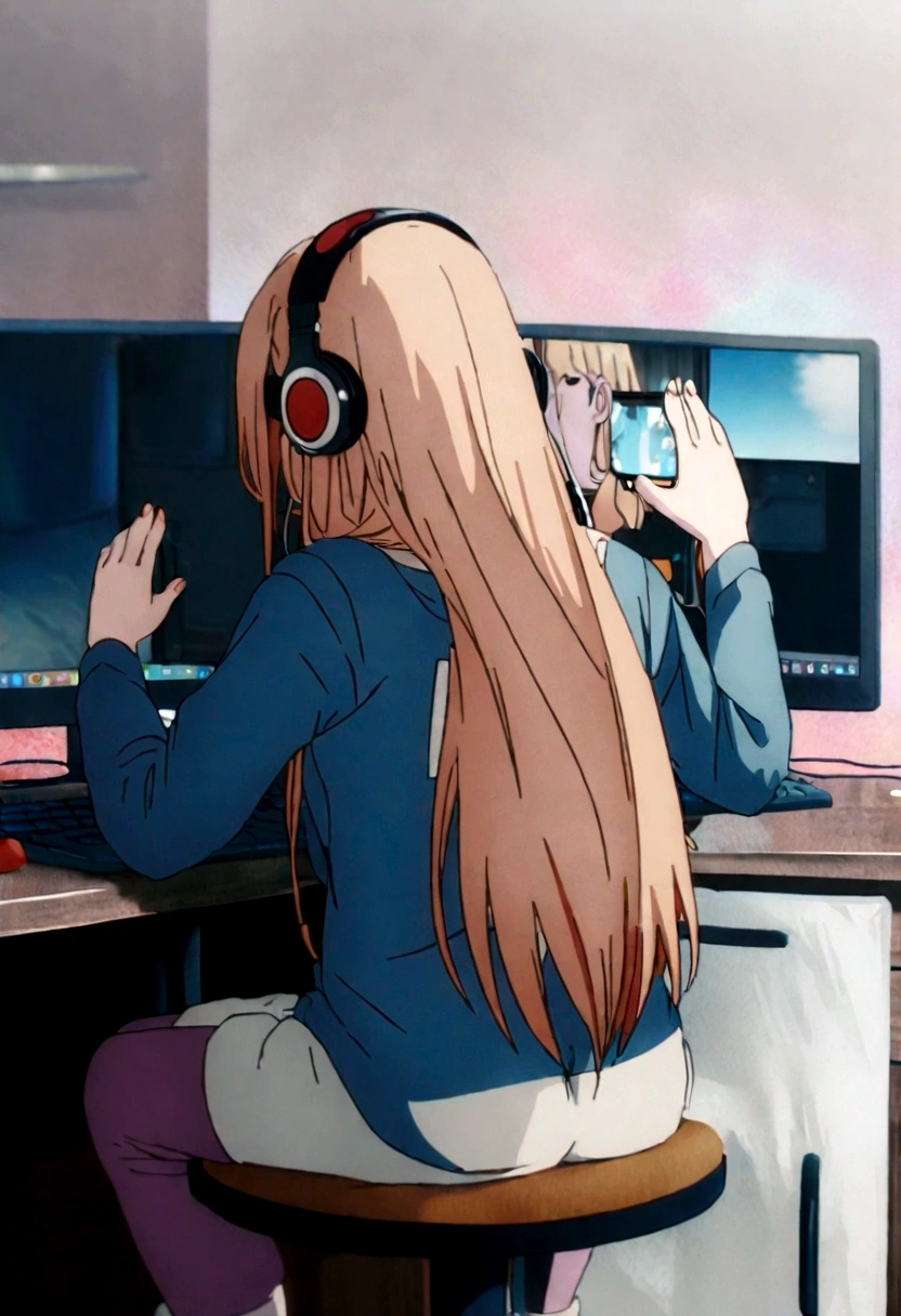 1 anime girl, wearing a blue shirt with the name harl big on the back, sitting on a chair, Wearing Headphones, playing on pc, focused on the game, with blue and red particles around.