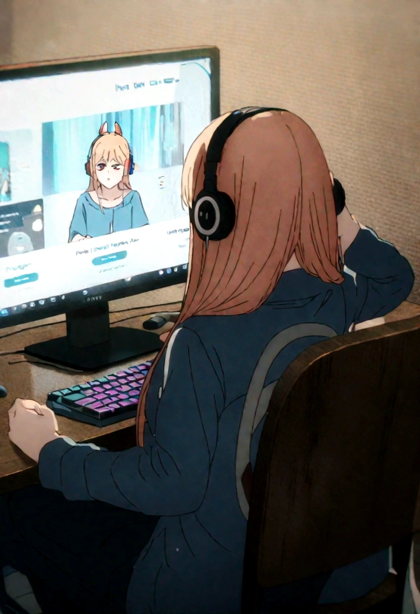 1 anime girl, wearing a blue shirt with the name harl big on the back, sitting on a chair, Wearing Headphones, playing on pc, focused on the game, with blue and red particles around.