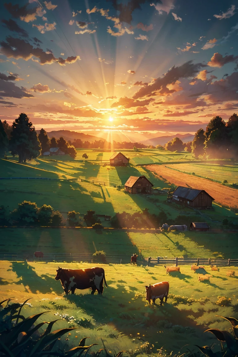 Herd of rustic dairy cows peacefully grazing in an idyllic pasture, sun-dappled vegetation with beams of light filtering through billowing clouds casting long dramatic shadows across the rolling terrain, an aged but sturdy split-rail fence framing and leading the eye toward a classic red barn with a silo in perfect golden hour lighting