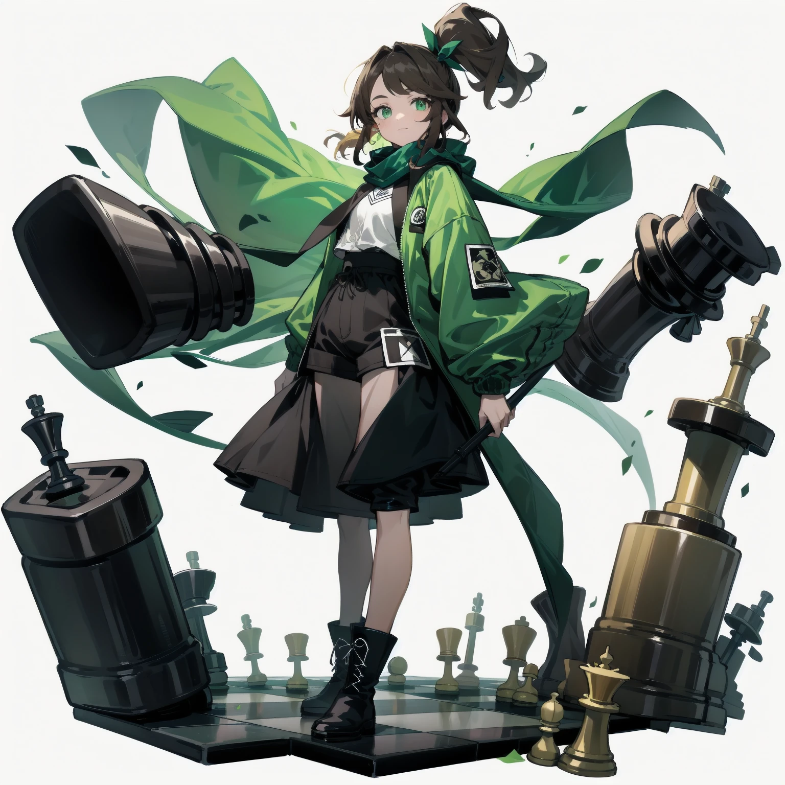 [(White background:1.15), ::2]Solitary, Medium shot, whole body，High saturation a girl，（Brown side ponytail），dynamic，Green eyes，[White background 1::5]，Dark green windbreaker，shorts，Black Silk，（Stand on a giant chess board），boots， Black and white diamond tiles on the floor，（（（White background1::5））），（（（beautiful eyes））），（（Facial portrayal）），（（Delicate face）），Sunflower decoration，（Flowing scarf）