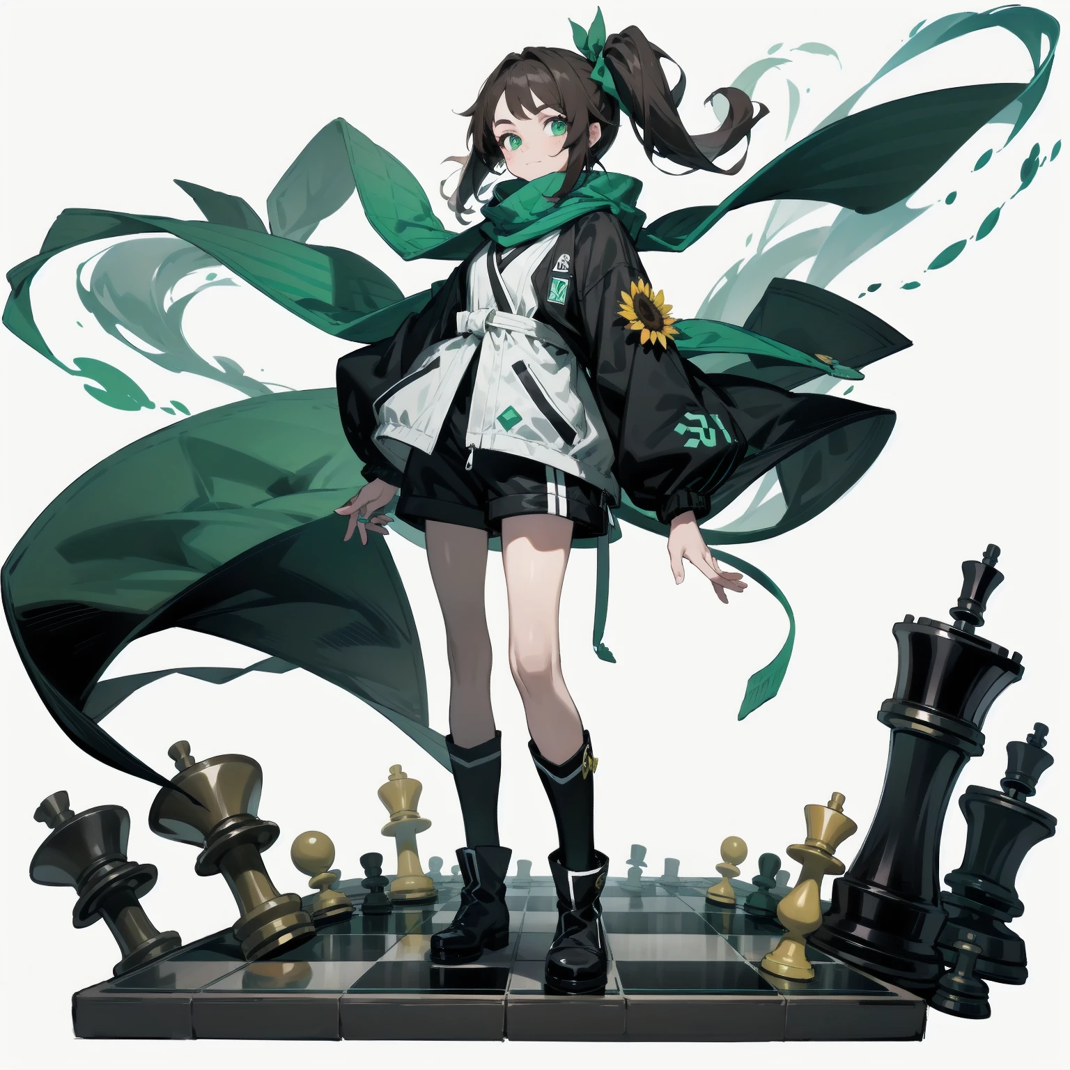 [(White background:1.15), ::2]Solitary, Medium shot, whole body，High saturation a girl，（Brown side ponytail），dynamic，Green eyes，[White background 1::5]，Dark green windbreaker，shorts，Black Silk，（Stand on a giant chess board），boots， Black and white diamond tiles on the floor，（（（White background1::5））），（（（beautiful eyes））），（（Facial portrayal）），（（Delicate face）），Sunflower decoration，（Flowing scarf）