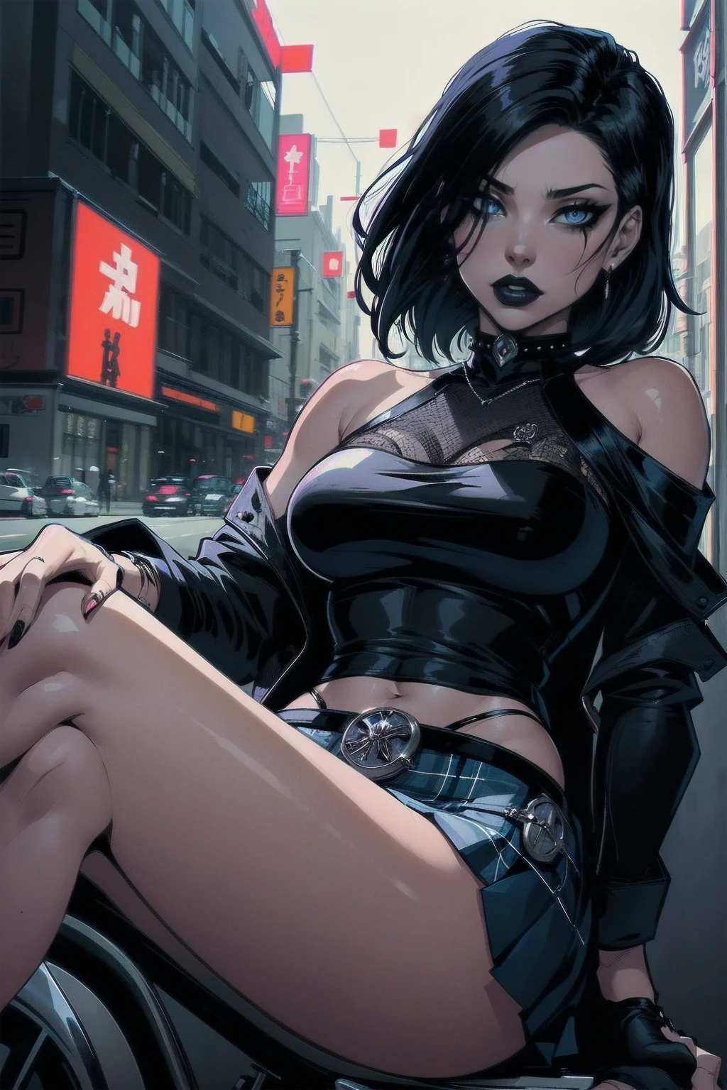 a woman with medium black hair, hair on shoulders,  wearing plaid skirt, black jacket,  blue eyes, gothic art, cute aesthetic with vibe, toon aesthetic, wearing gothic accessories, look like Cassie Hack, upper body, driving on the motocicle, tokio street background, dinamic poses