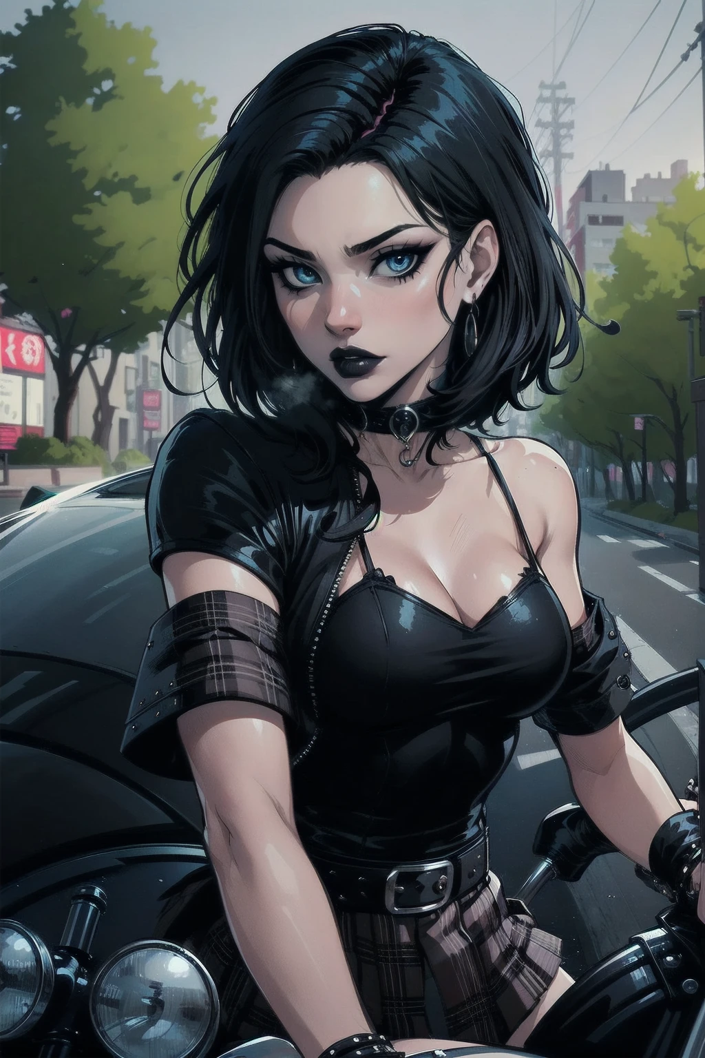 a woman with medium black hair, hair on shoulders,  wearing plaid skirt, black jacket,  blue eyes, gothic art, cute aesthetic with vibe, toon aesthetic, wearing gothic accessories, look like Cassie Hack, upper body, driving on the motocicle, tokio street background, dinamic poses