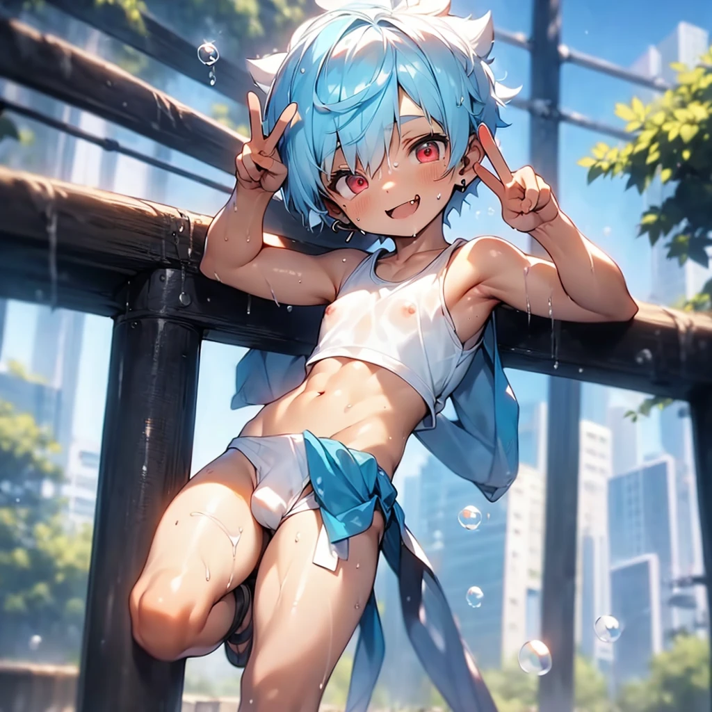 (solo:2), (boldline:-1.7), (peace sign:1.75), (arched back:1.2), ((bubble)), (spread legs:1.3), (standing:1.5), (((fang))), (((best finger))), BREAK (best quality:1.5), (absolutely resolution:1.5), (ultra detailed:1.5), (masterpiece:1.5), (perfect face), (detailed face), (detailed eyes), (best eyes), (cute face), (shota:2.1), BREAK (white tank top:1.5), BREAK (white loincloth:1.5), (see throgh wet clothes:1.4), (bulge:1.6), (skinny:1.3), (spiked hair), BREAK (light blue hair:1.5), (wine red eyes:1.4), (eyes with highlight:1.6), ((mole under eye)), (sweaty skin), (chuckling:1.5), ((earrings)), (shiny skin:1.3), BREAK (nature), (river), (forest), (sunlight), ((wind blowing)), ((nipple)), (abs), groin, water splashing,