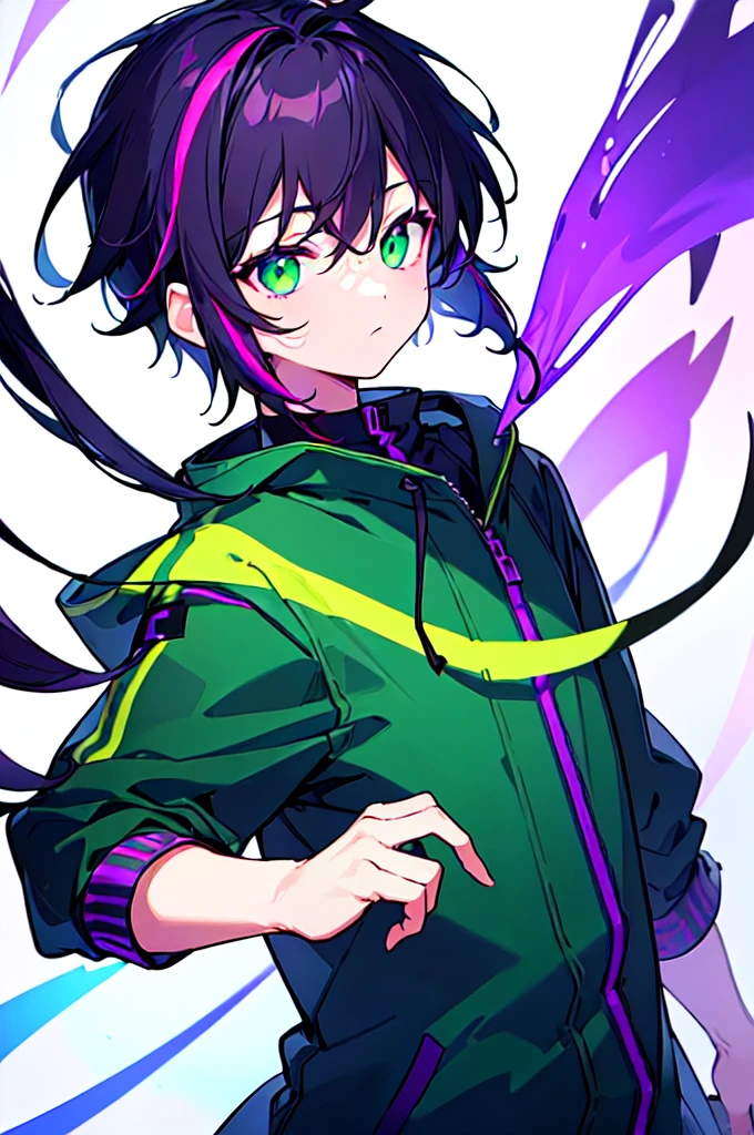 [(WHITE BACKGROUND:1.5),::5], ((((masterpiece)))), high quality, ultra very high resolution, full color, (((solo))), ((little boy)), black hair, ((purple streaked hair)), (green eyes), anime, ((upper body)), neon light, black parka, (green flame effect:1.2)