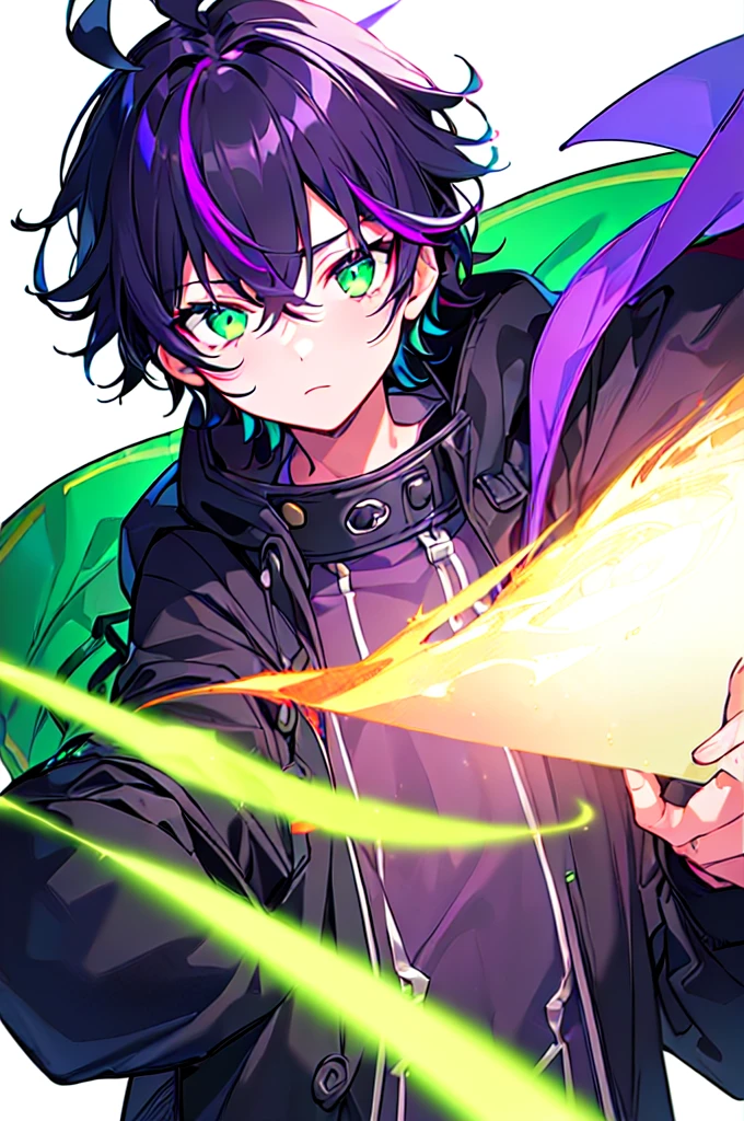 [(WHITE BACKGROUND:1.5),::5], ((((masterpiece)))), high quality, ultra very high resolution, full color, (((solo))), ((little boy)), black hair, ((purple streaked hair)), (green eyes), anime, ((upper body)), neon light, black parka, (green flame effect:1.2)