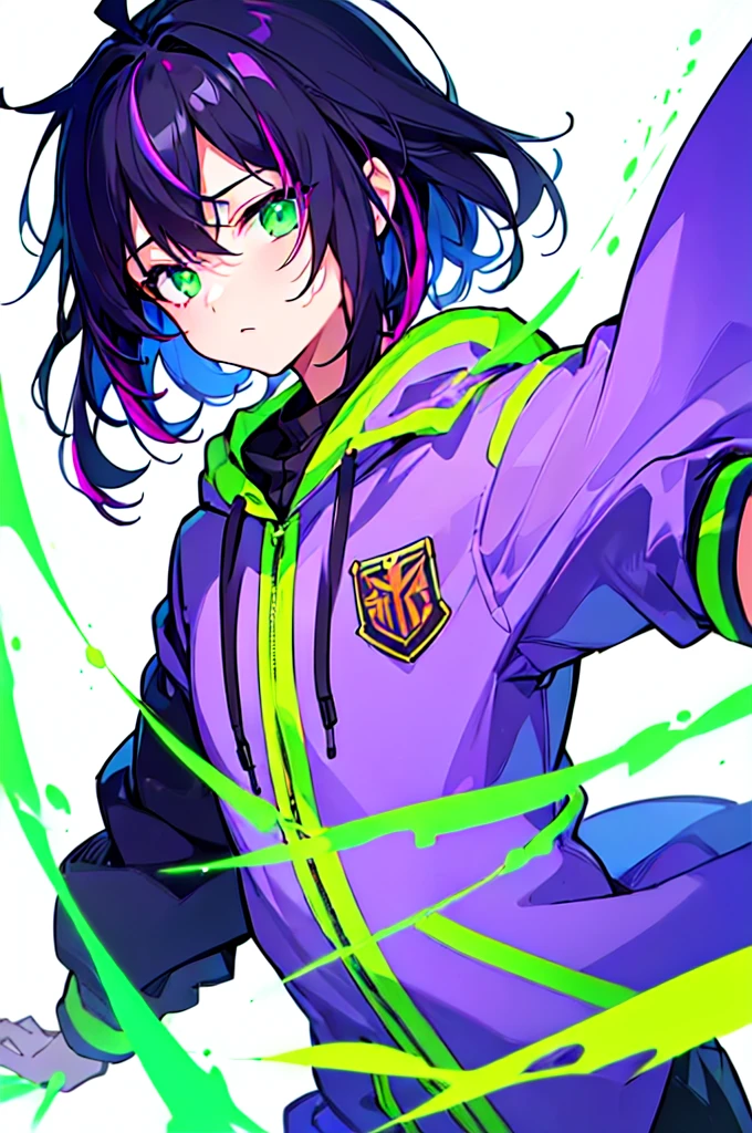 [(WHITE BACKGROUND:1.5),::5], ((((masterpiece)))), high quality, ultra very high resolution, full color, (((solo))), (()), black hair, ((purple streaked hair)), (green eyes), anime, ((upper body)), neon light, black parka, (green flame effect:1.2)