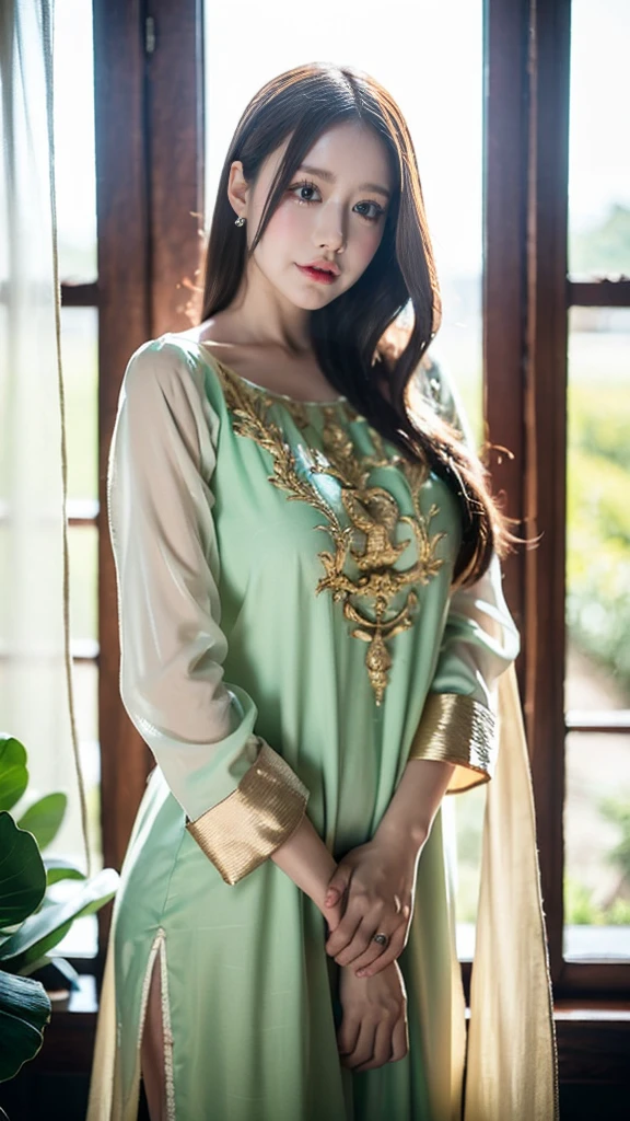 (((HD photo))), ultra high res.photorealistic:. 1.4, UHD1 girl,beautiful detailed eyes,beautiful detailed lips,extremely detailed face,long eyelashes,medium:oil painting,soft lighting,impressionistic style, gradient colors,beautifully shalwar kameez dressed,wistful expression,standing with one hand on the window frame,gentle breeze blowing her hair,warm sunlight streaming through the window,green plants visible outside the window,soft curtains framing the girl,peaceful atmosphere,serene and tranquil ambiance
